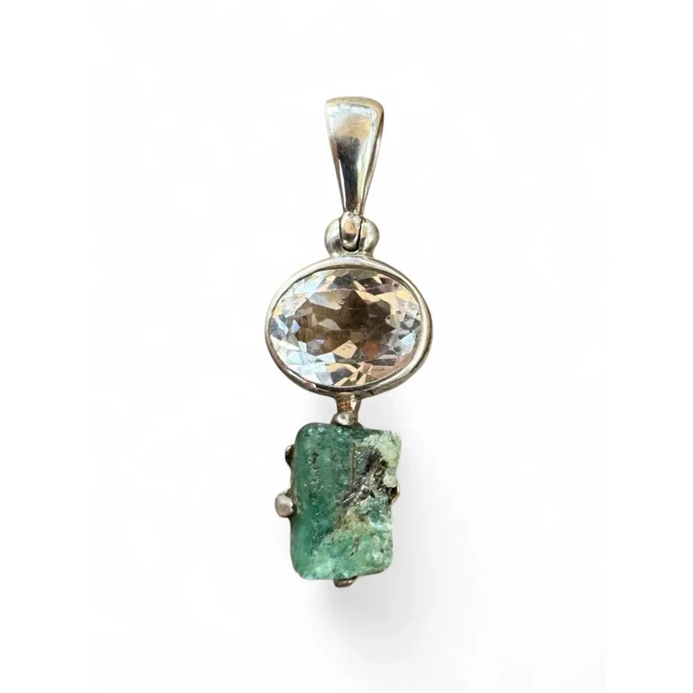 Emerald & White Topaz Solid 925 Sterling Silver Pendant